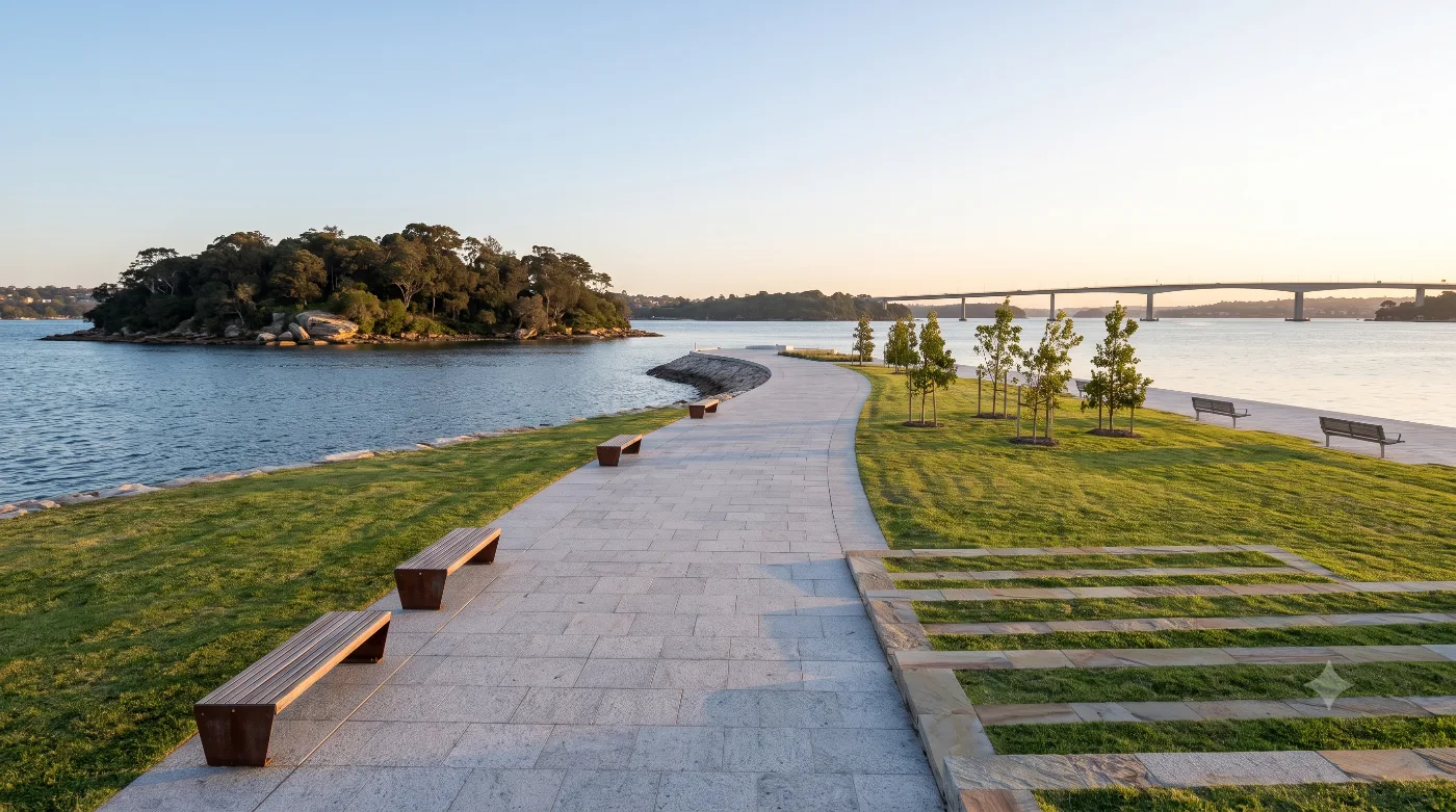 창원 러닝코스 3.7km — 8자 보도교 건너 인공섬 한 바퀴, 마산해양신도시 해안런 — AI로 만든 분위기 참고 이미지