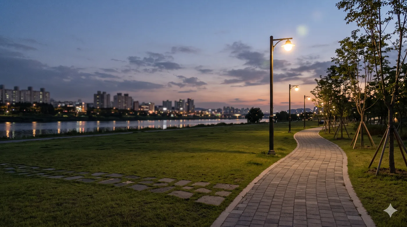 부산 수영강 러닝코스 7.6km — APEC나루공원을 지나 민락교까지, 갈맷길 8-2구간 강변런 — AI로 만든 분위기 참고 이미지