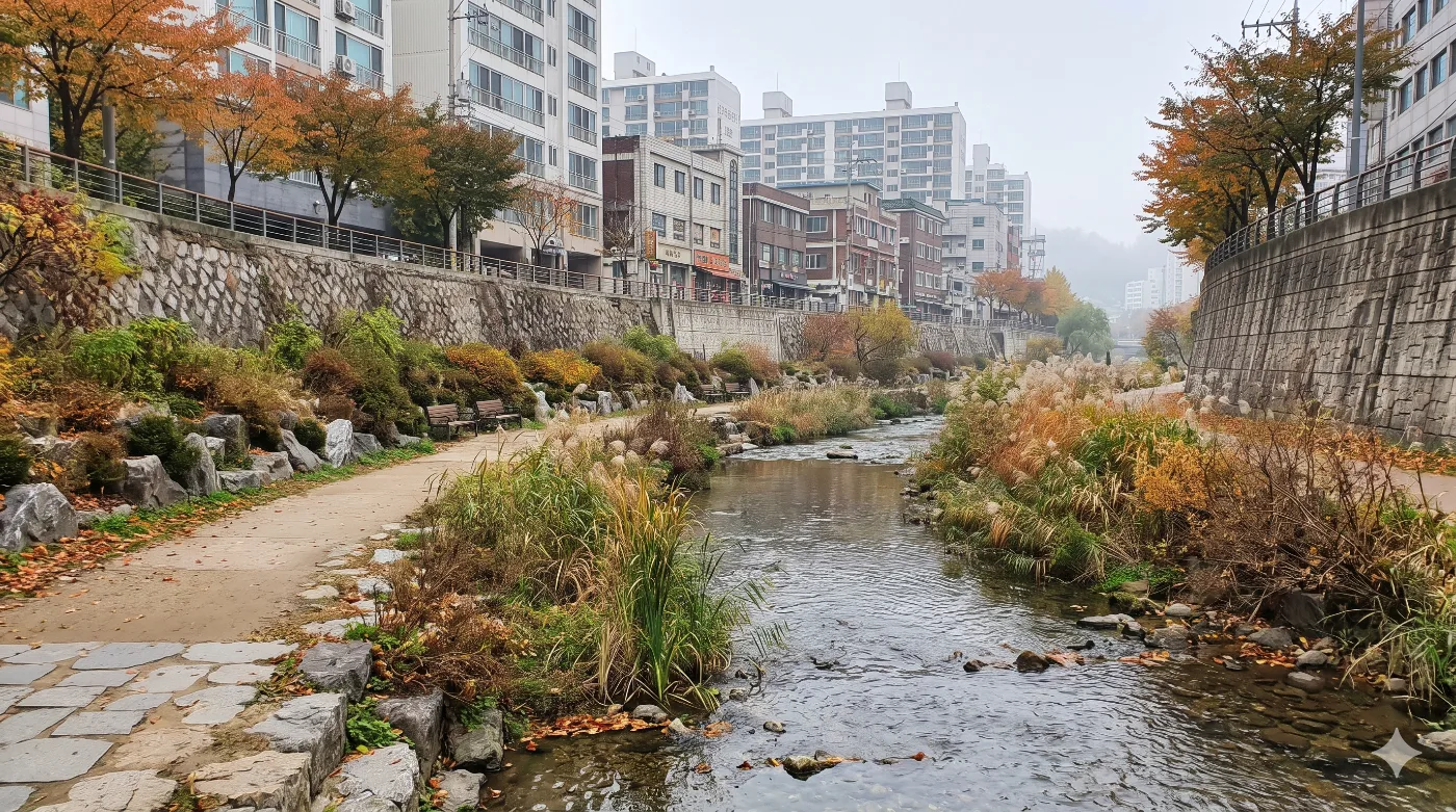 인천 굴포천 러닝코스 3km — 30년 덮였던 부평 물길, 복원 구간 1.5km 왕복 입문런 — AI로 만든 분위기 참고 이미지
