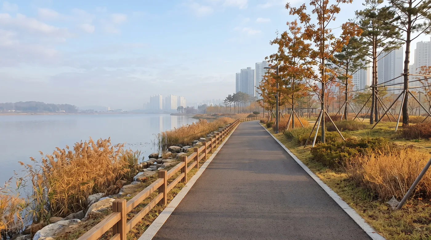 대전 러닝코스 2.7km — 대전 첫 호수공원을 한 바퀴, 갑천생태호수공원 호숫가 순환런 — AI로 만든 분위기 참고 이미지