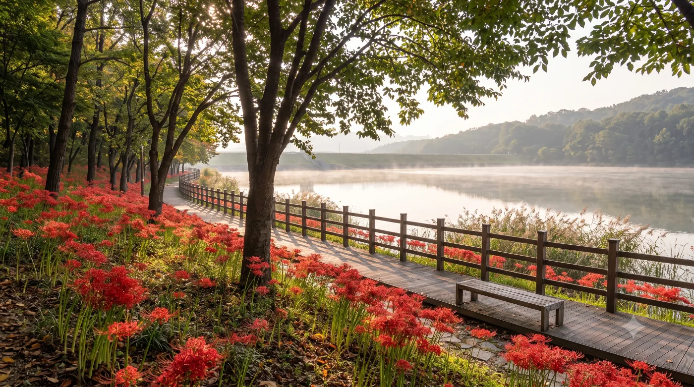 울산 러닝코스 4km — 공업용수 저수지가 공원이 됐다, 선암호수공원 한 바퀴 — AI로 만든 분위기 참고 이미지