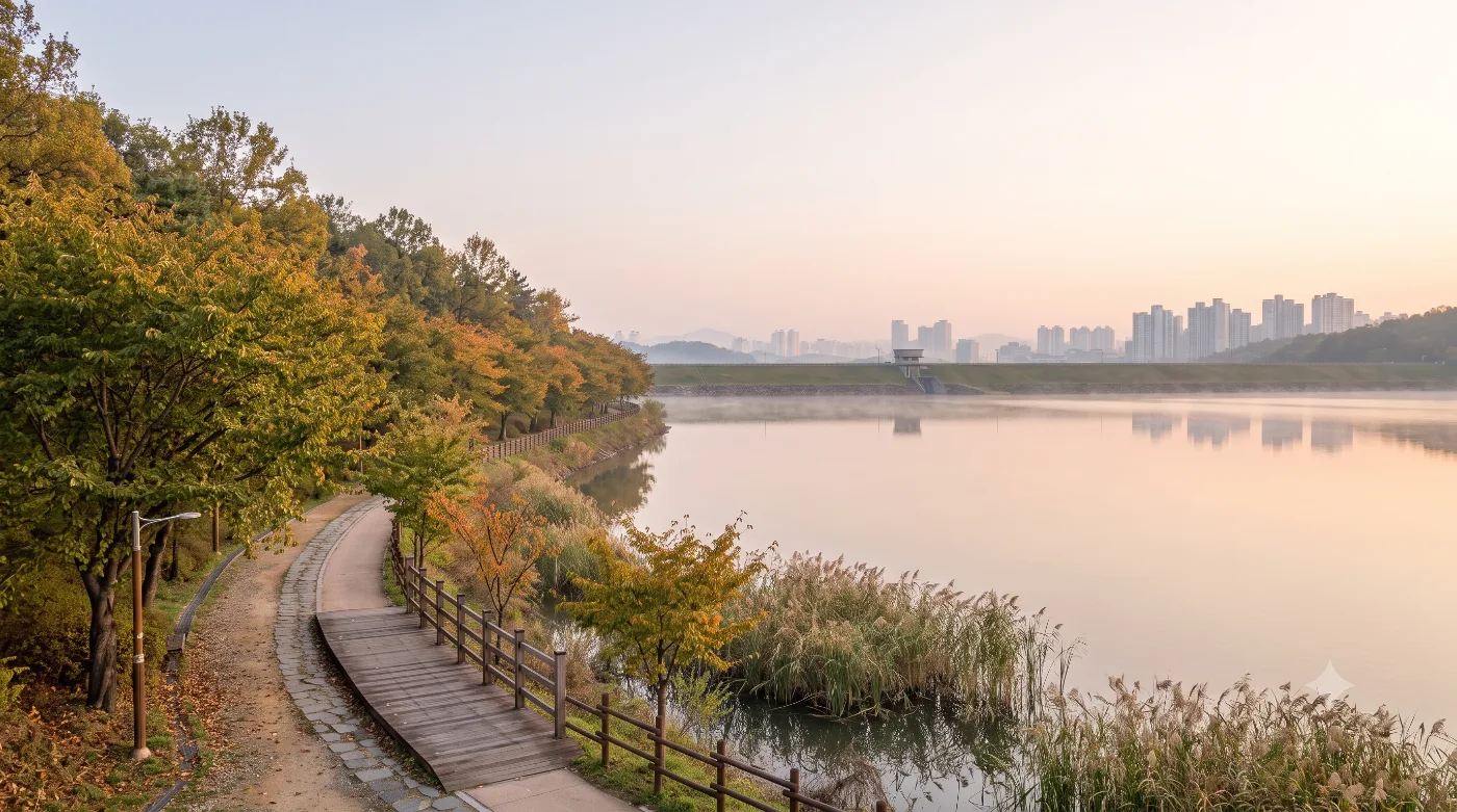 울산 러닝코스 4km — 공업용수 저수지가 공원이 됐다, 선암호수공원 한 바퀴 — AI로 만든 분위기 참고 이미지