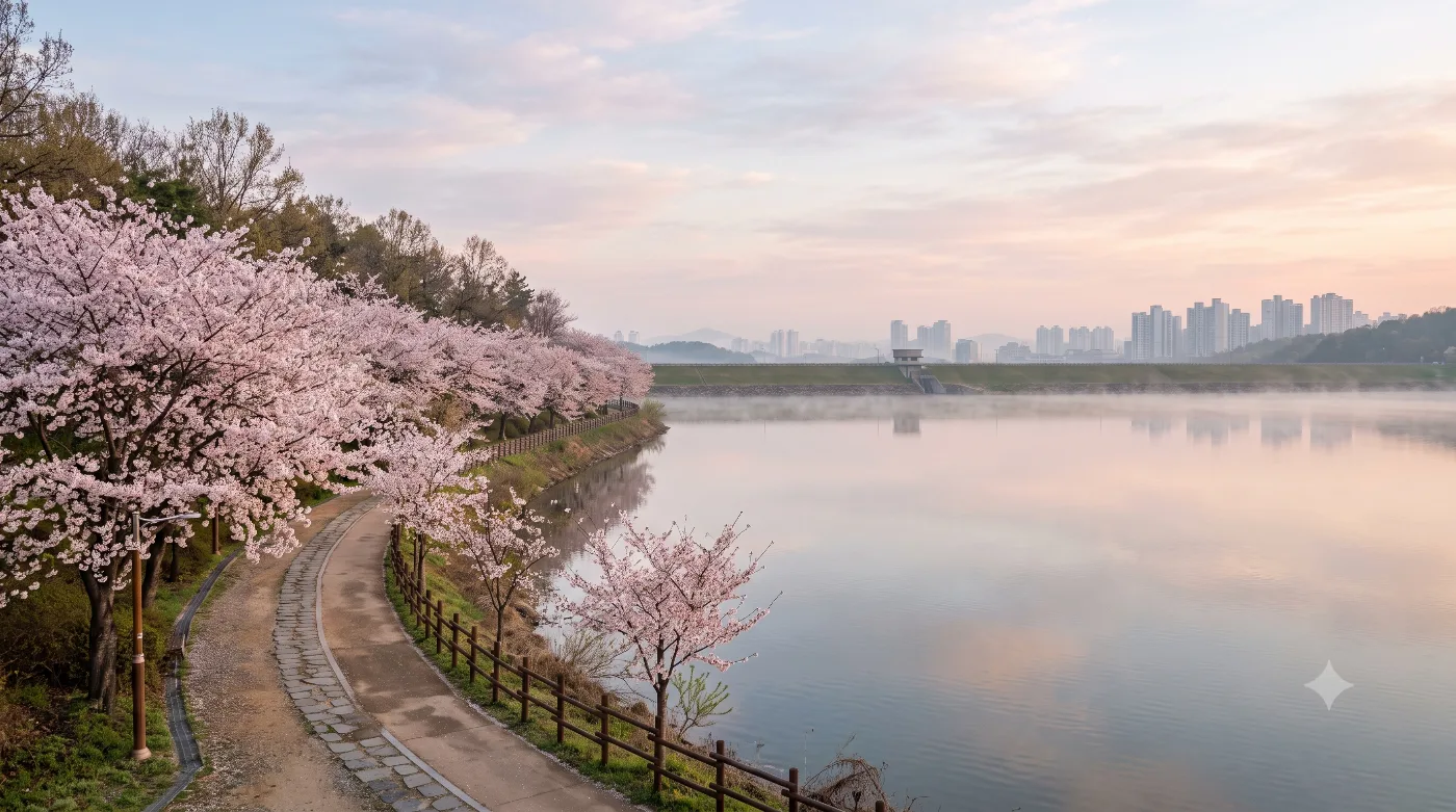 울산 러닝코스 4km — 공업용수 저수지가 공원이 됐다, 선암호수공원 한 바퀴 — AI로 만든 분위기 참고 이미지