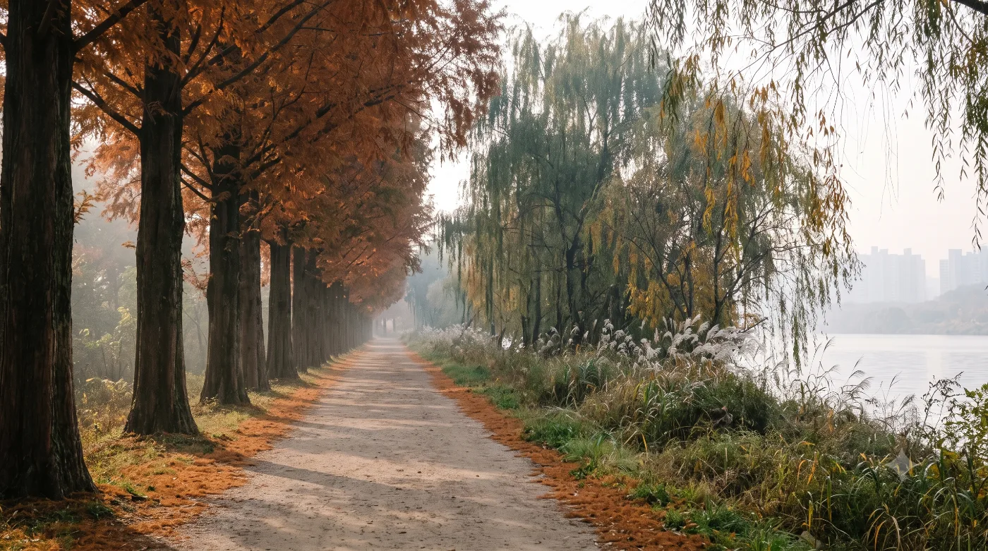 부산 화명생태공원 러닝코스 2.9km — 메타세쿼이아 강변을 도는 희망숲길 입문런 — AI로 만든 분위기 참고 이미지