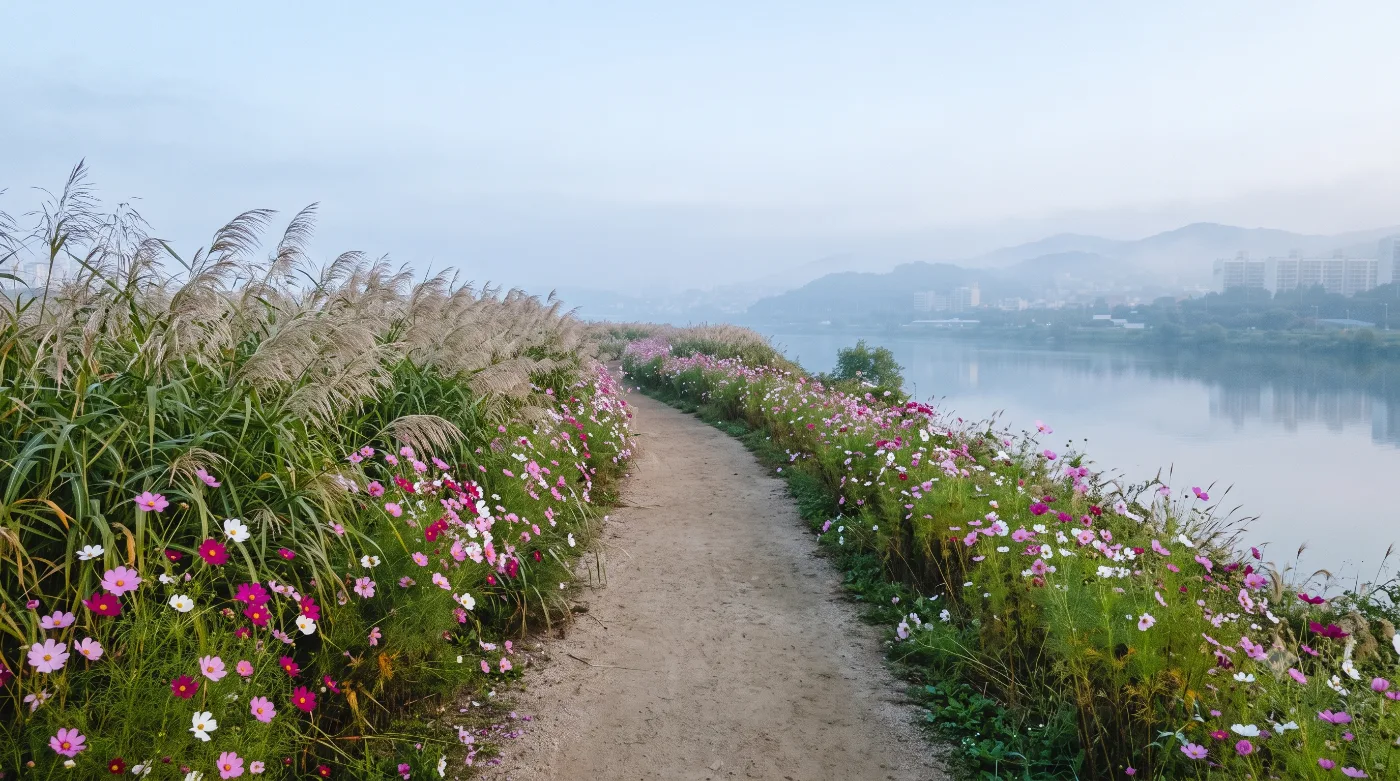 대구 러닝코스 1.9km — 금호강 한가운데 꽃섬을 한 바퀴, 하중도(금호꽃섬) 순환런 — AI로 만든 분위기 참고 이미지