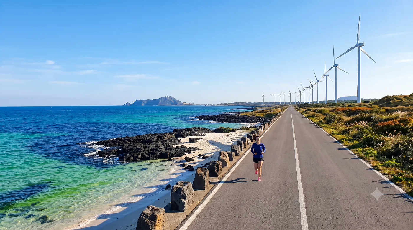 제주 김녕 러닝코스 5km — 풍력발전기가 도는 해맞이해안로, 성세기해변 왕복런