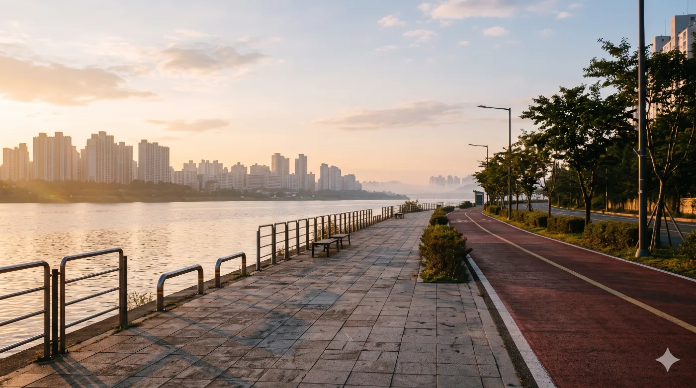 부산 수영강 러닝코스 7.6km — APEC나루공원을 지나 민락교까지, 갈맷길 8-2구간 강변런 — AI로 만든 분위기 참고 이미지