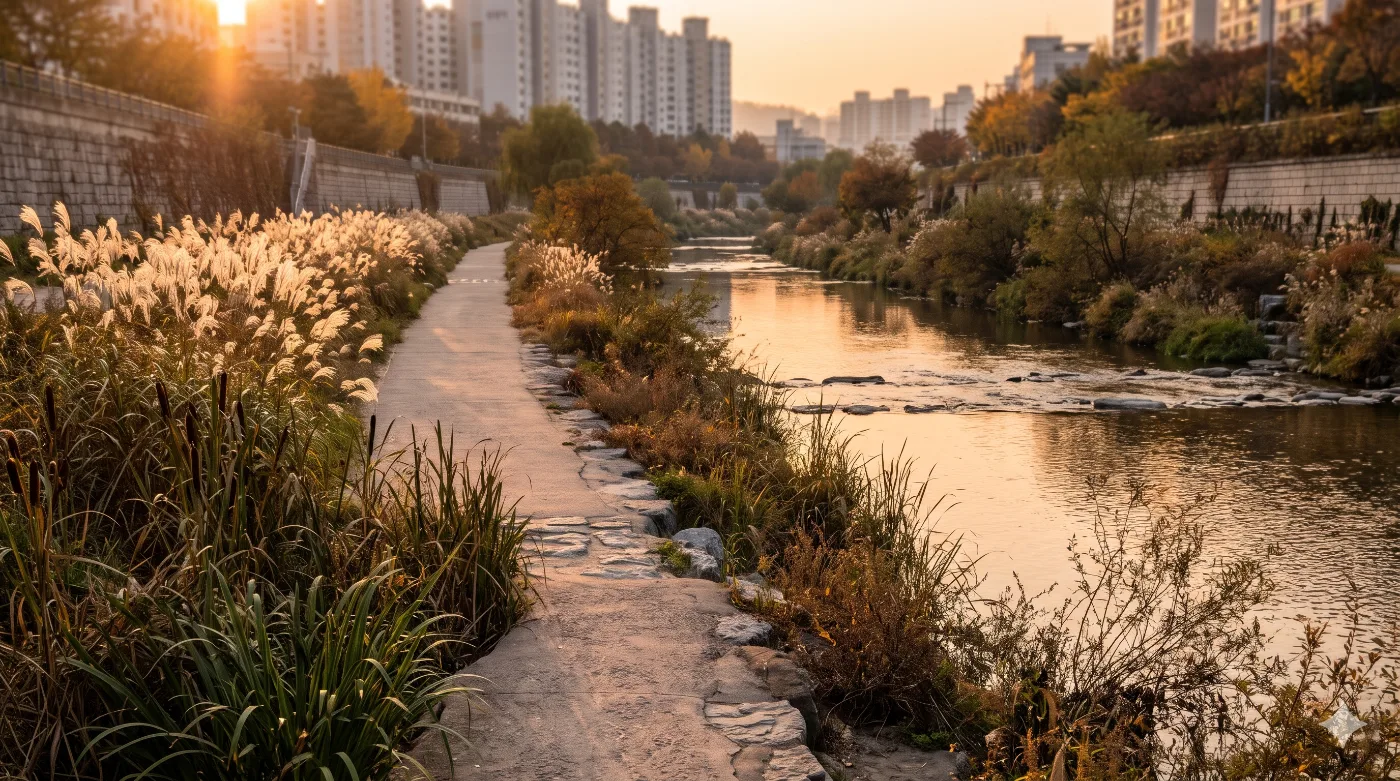 인천 굴포천 러닝코스 3km — 30년 덮였던 부평 물길, 복원 구간 1.5km 왕복 입문런 — AI로 만든 분위기 참고 이미지