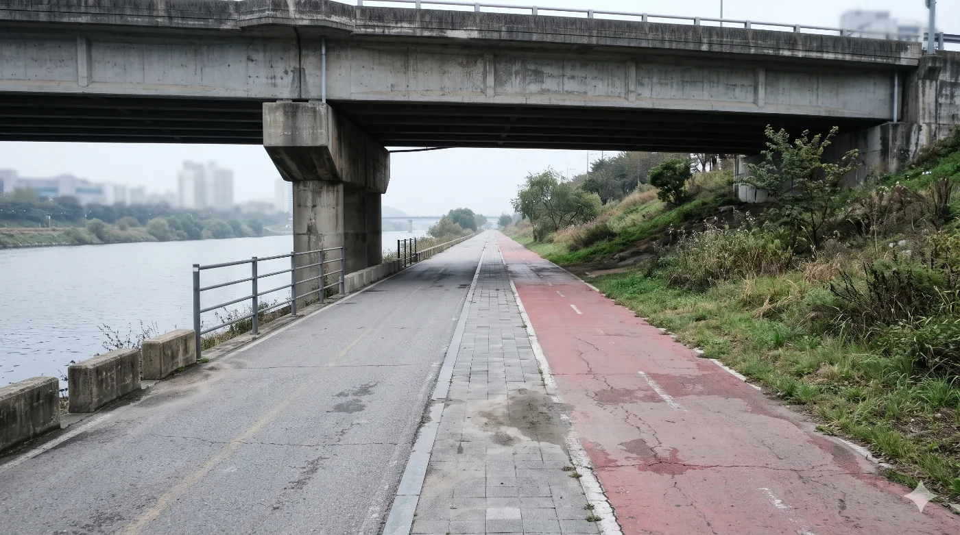 부산 수영강 러닝코스 7.6km — APEC나루공원을 지나 민락교까지, 갈맷길 8-2구간 강변런 — AI로 만든 분위기 참고 이미지
