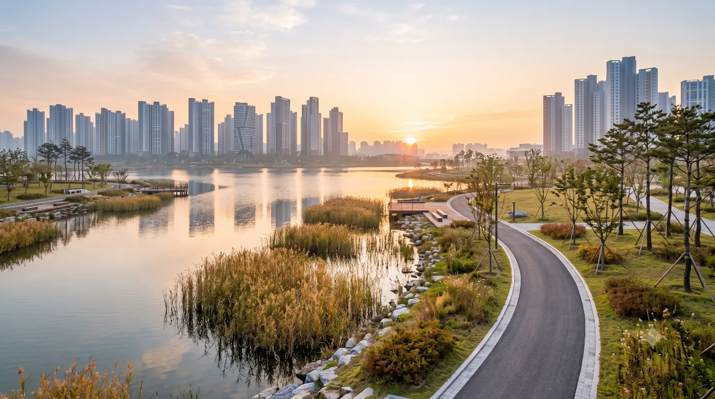 대전 러닝코스 2.7km — 대전 첫 호수공원을 한 바퀴, 갑천생태호수공원 호숫가 순환런 — AI로 만든 분위기 참고 이미지