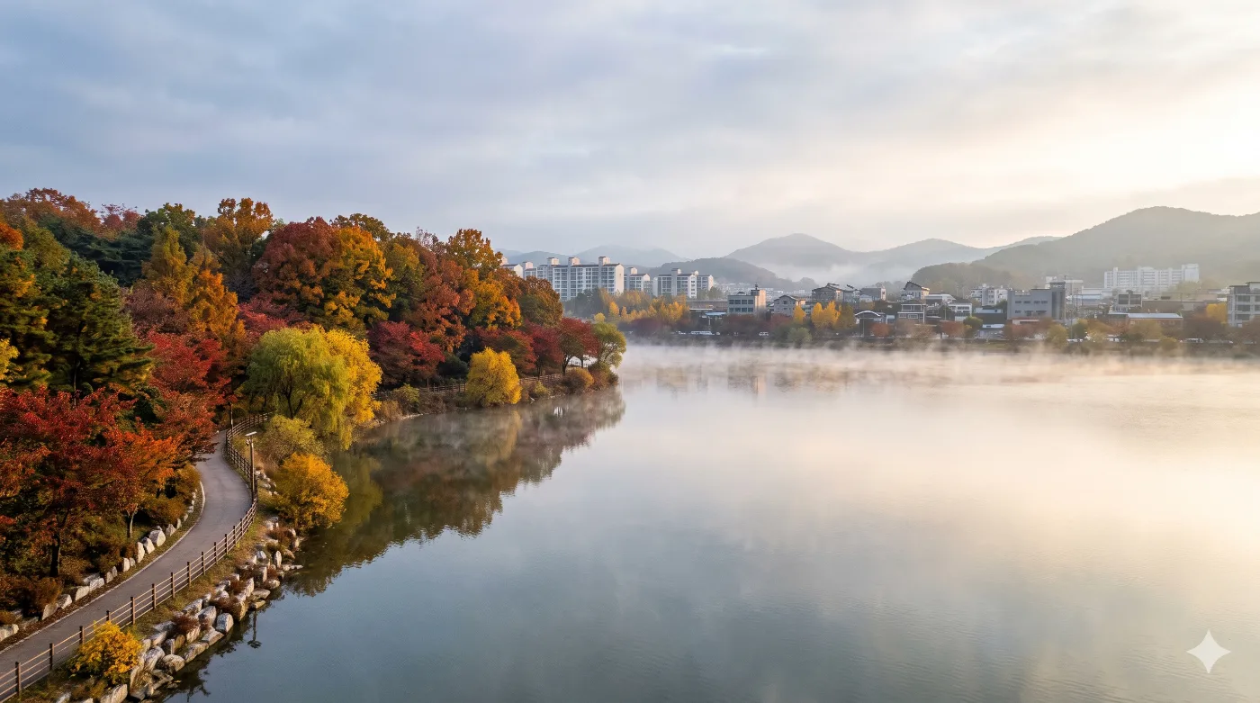 충주 호암지 러닝코스 — 100년 넘은 도심 저수지 둘레길, 첫 바퀴를 재며 도는 입문런 — AI로 만든 분위기 참고 이미지