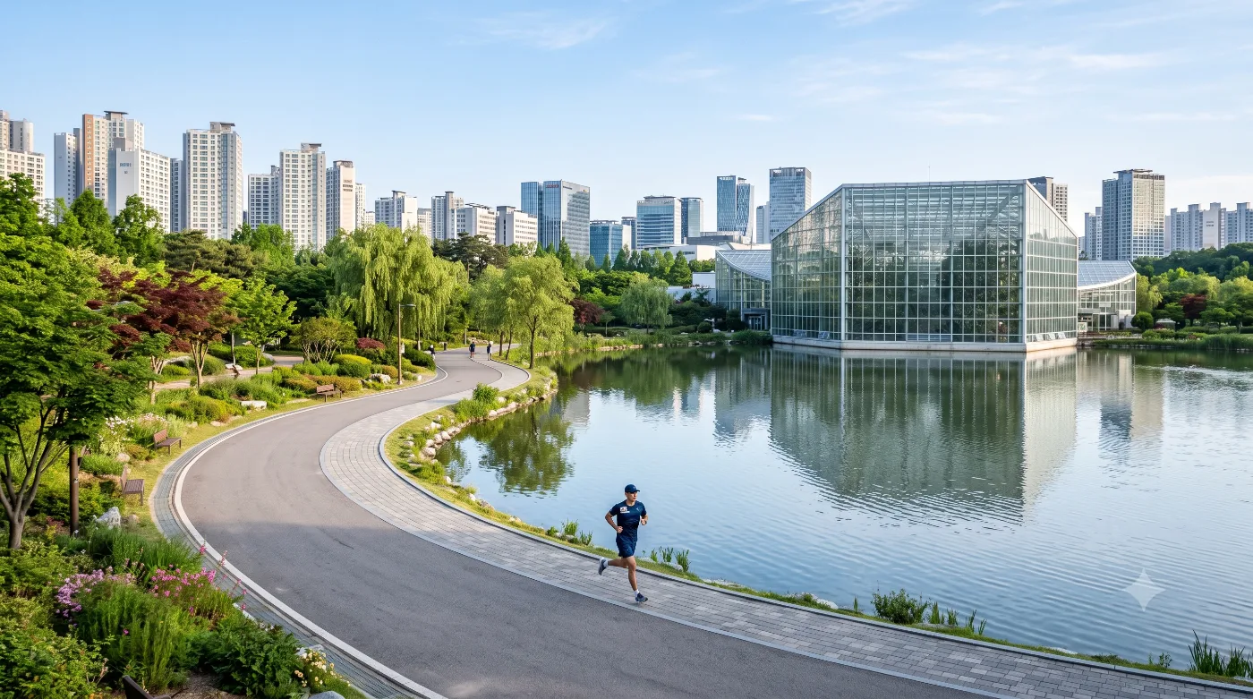 서울식물원 러닝코스 4km — 마곡나루역 출구에서 그대로 이어지는 물가 순환런