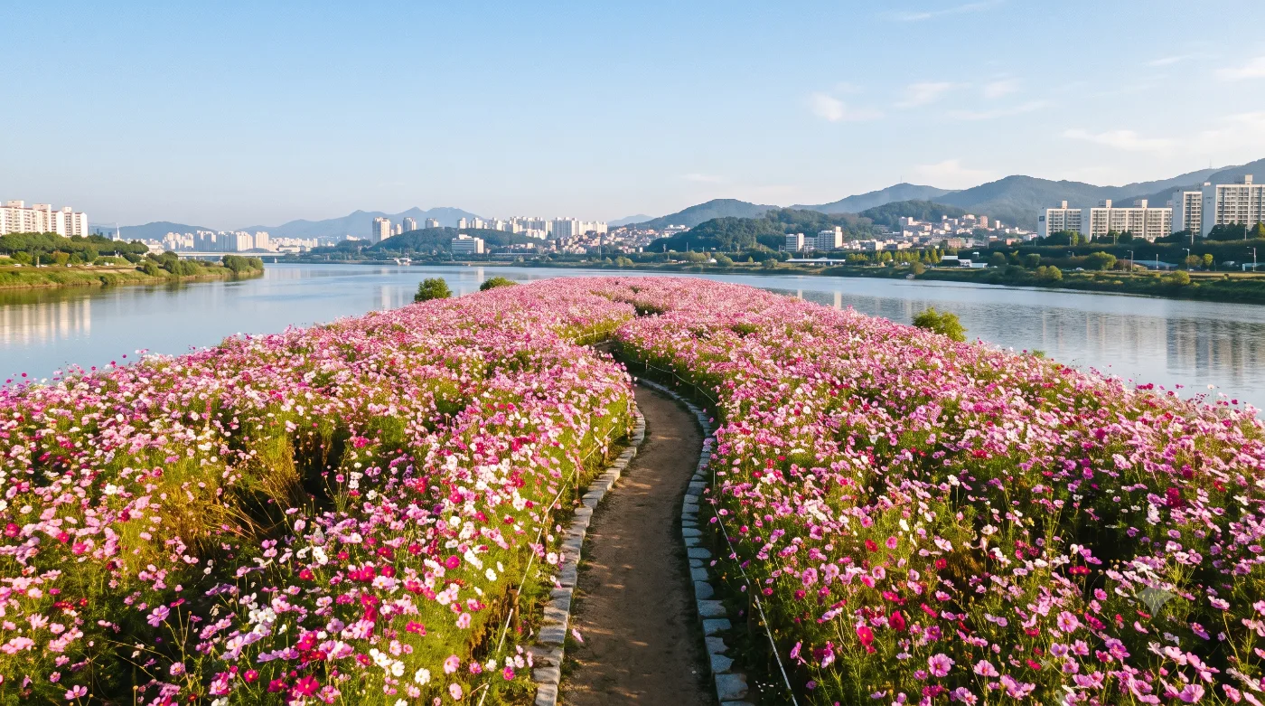 대구 러닝코스 1.9km — 금호강 한가운데 꽃섬을 한 바퀴, 하중도(금호꽃섬) 순환런 — AI로 만든 분위기 참고 이미지