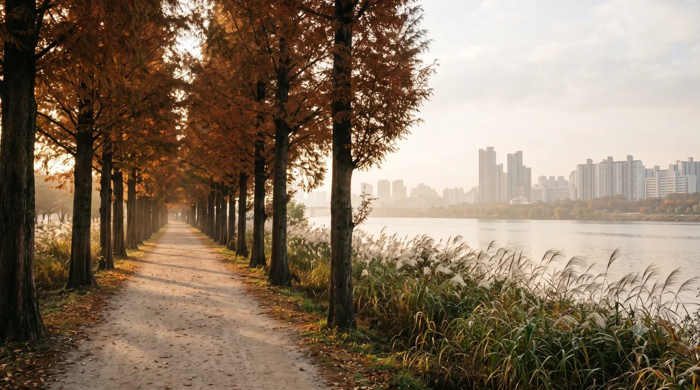 부산 화명생태공원 러닝코스 2.9km — 메타세쿼이아 강변을 도는 희망숲길 입문런 — AI로 만든 분위기 참고 이미지
